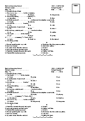 Đề kiểm tra 15p Tiếng anh lớp 7 (Bài 12 đến 14) - Năm học 2015-2016- Trường THCS Bình An